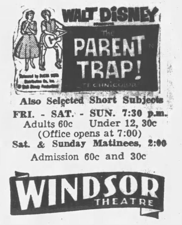Parent Trap advertisement and showtimes in the Windsor Beacon.