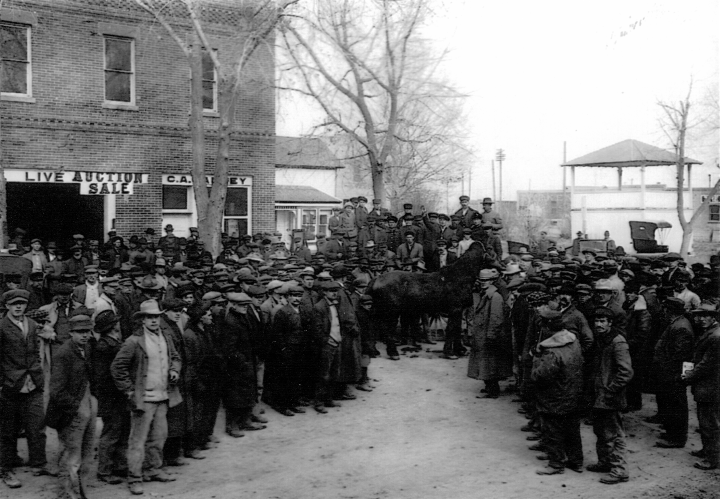 Black and white photograph of a crowd standing outside the Yancey Livery.