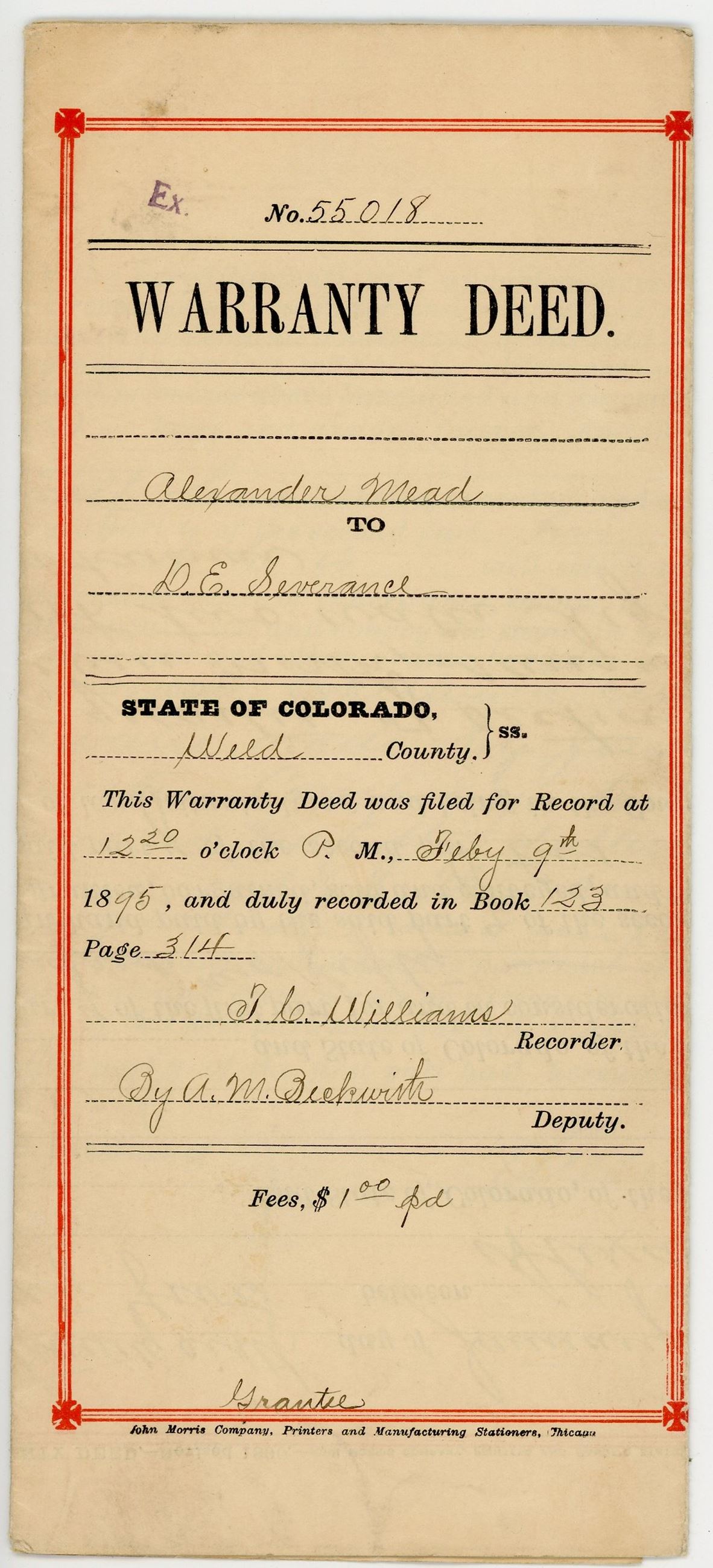 Warranty Deed for land between Alexander Mead and D.E. Severance.