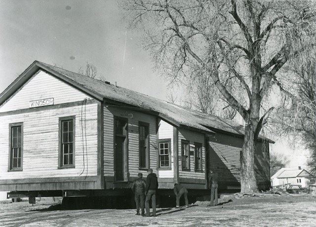 Black and white photograph of the train depot at its new location in Boardwalk Park.